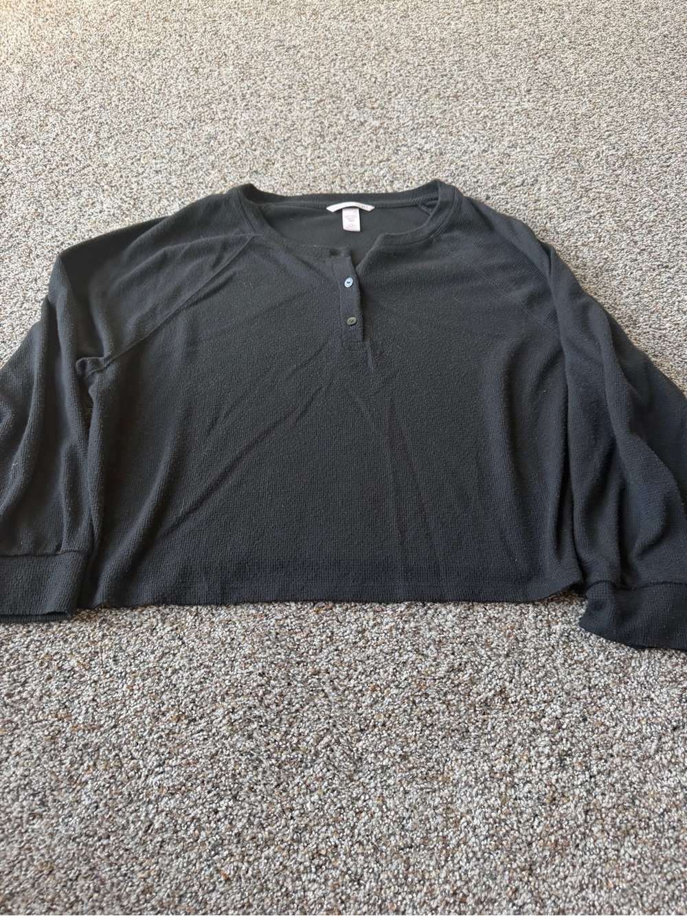 Victoria's Secret Black Waffle Thermal Henley Crop Top Long Sleeve Large